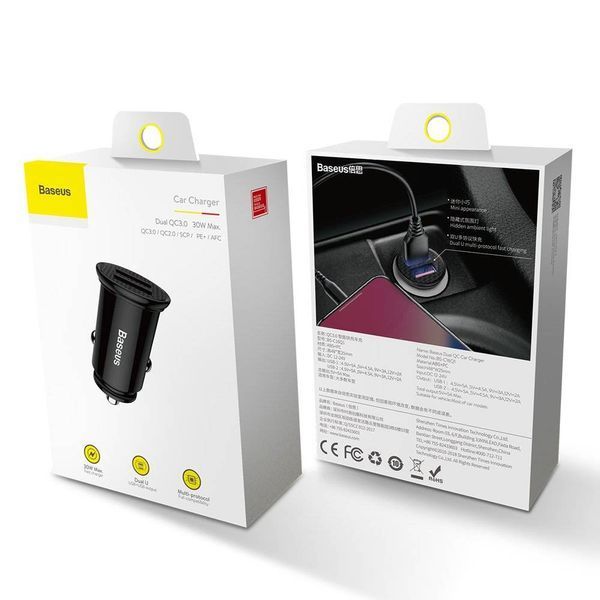 Авто. зарядное устройство Baseus Circular Plastic QC 3.0 30W 2USB (CCALL-YD01) черный 82315 фото