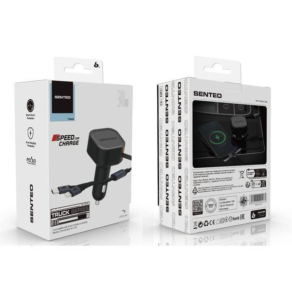 Авто. зарядное устройство пристрій SENTEO Q-10С Truck Series Retractable UCB-C+ Lighting car charger 65817 фото