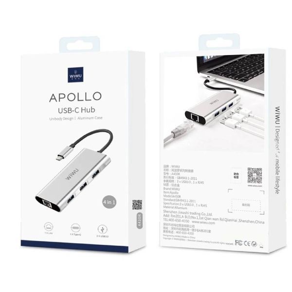 Адаптер WIWU Apollo A430R Gray USB-C to USB3 x 3/RJ45 47549 фото