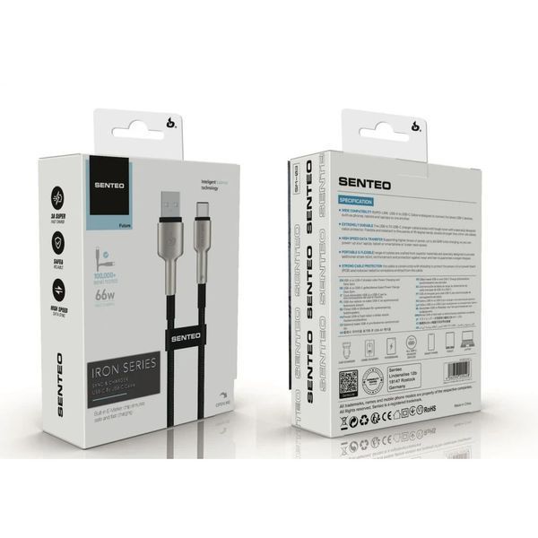 Кабель передачі даних Senteo SM-03 6A/66W Iron Series braided data cable USB-A to USB-C (USB-A to Type-C Cable) 1M Black 64262 фото