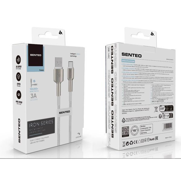 Кабель передачі даних Senteo SM-03 Iron Series braided data cable USB-A to USB-C (USB-A to Type-C Cable) 3A/15W 1M White 64260 фото