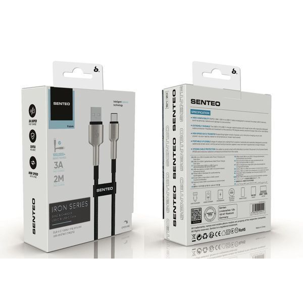 Кабель передачі даних Senteo SM-03 Iron Series braided data cable USB-A to USB-C (USB-A to Type-C Cable) 3A/15W 2M Black 64261 фото