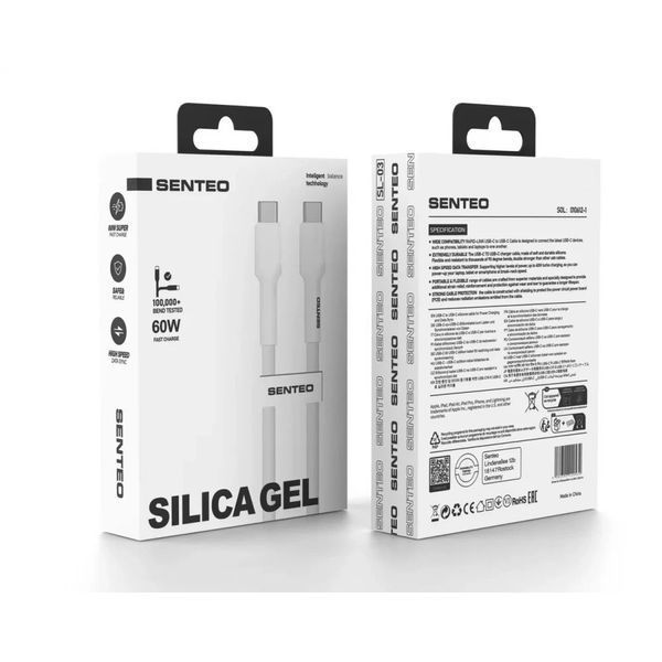Кабель передачі даних Senteo SL-03 Soft Silicone 60W USB-C до USB-C 1000mm White 64893 фото