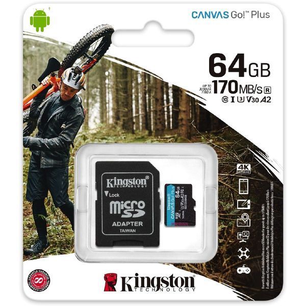 Картка пам`яті Kingston microSDXC 64GB Canvas Go! Plus Class 10 UHS-I U3 V30 A2 + SD-адаптер (SDCG3/64GB) 52654 фото