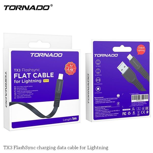 Кабель передачі даних Tornado TX3 apple lightning 1m чорний 43436 фото