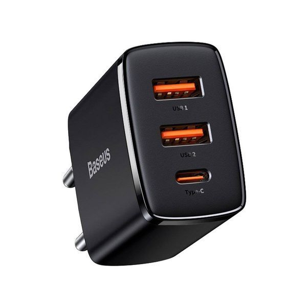 Мережевий зарядний пристрій Baseus (CCXJ-E01) Compact Quick Charger 30W QC+ PD (1Type-C + 2USB) (black) 58631 фото