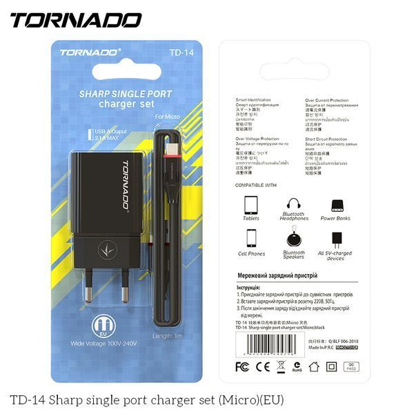 Мережевий зарядний пристрій Tornado TD-14 USB in 2.1A (кабель передачі даних micro USB) чорний 43272 фото