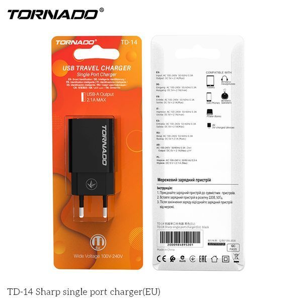 Сетевое зарядное устройство Tornado TD-14 USB in 2.1A чорний 43274 фото
