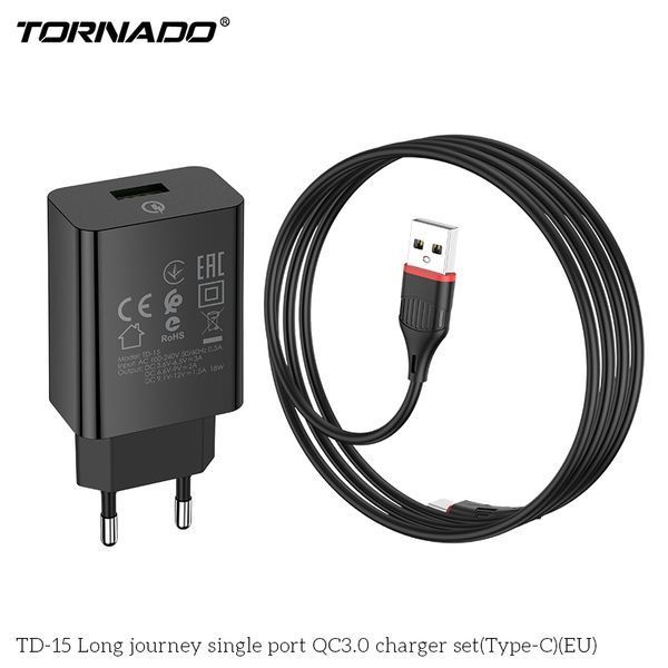 Сетевое зарядное устройство Tornado TD-15 1USB QC3.0 (кабель передачі даних Type-C) чорний 91104 фото