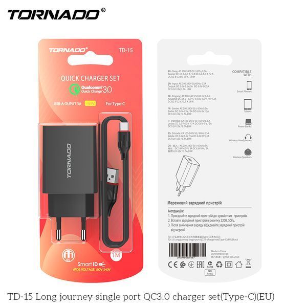 Сетевое зарядное устройство Tornado TD-15 1USB QC3.0 (кабель передачі даних Type-C) чорний 91104 фото