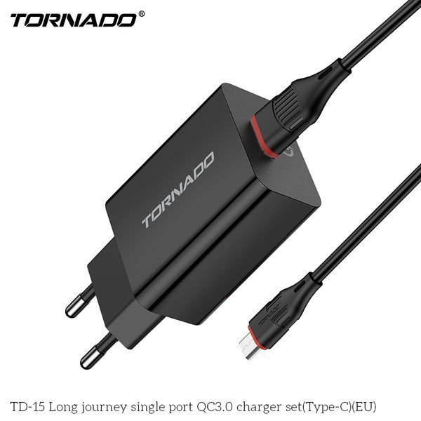 Сетевое зарядное устройство Tornado TD-15 1USB QC3.0 (кабель передачі даних Type-C) чорний 91104 фото