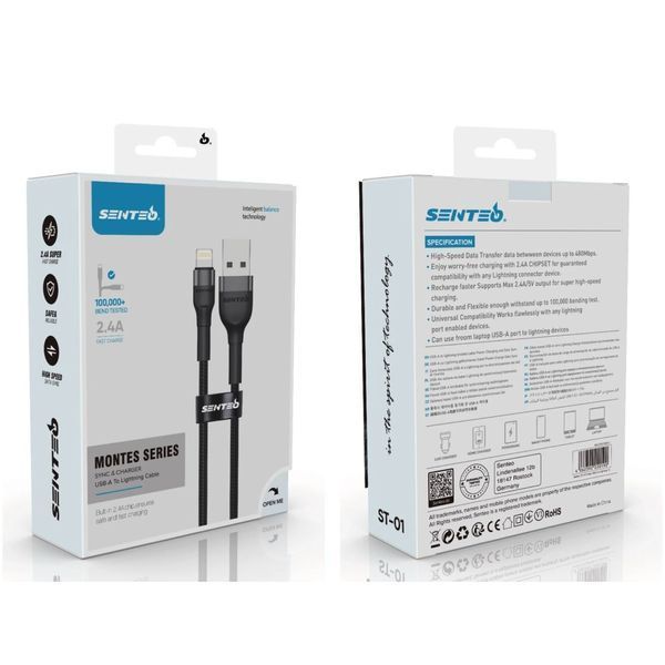 Кабель передачі даних Senteo ST-01 Montes series 2.4A USB-A до apple lightning 1000mm Black 61114 фото