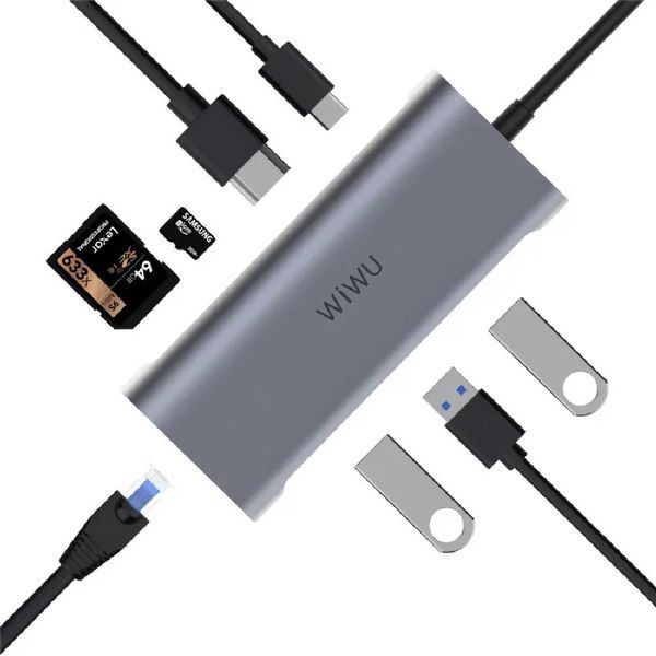 Адаптер WIWU Alpha 831HRT 3*USB, HDMI 4K, RJ45, Type c, SD, micro SD, Led Gray 53806 фото