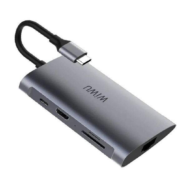Адаптер WIWU Alpha 831HRT 3*USB, HDMI 4K, RJ45, Type c, SD, micro SD, Led Gray 53806 фото
